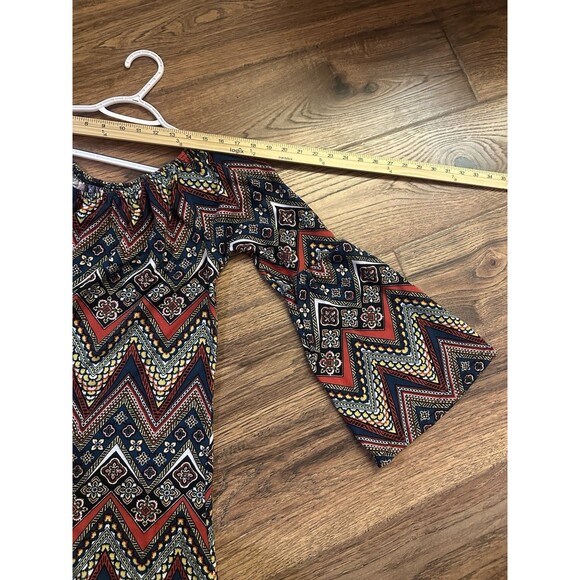Win-Win Bell Sleeve Off Shoulder Chevron Print Multi Colored Tunic Blouse L/XL - Picture 7 of 7